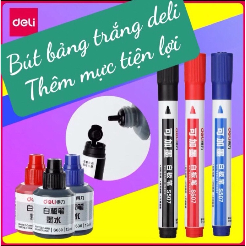 10 bút viết bảng trắng Deli mã S507 dễ đổ mực, dễ lau, mực đều