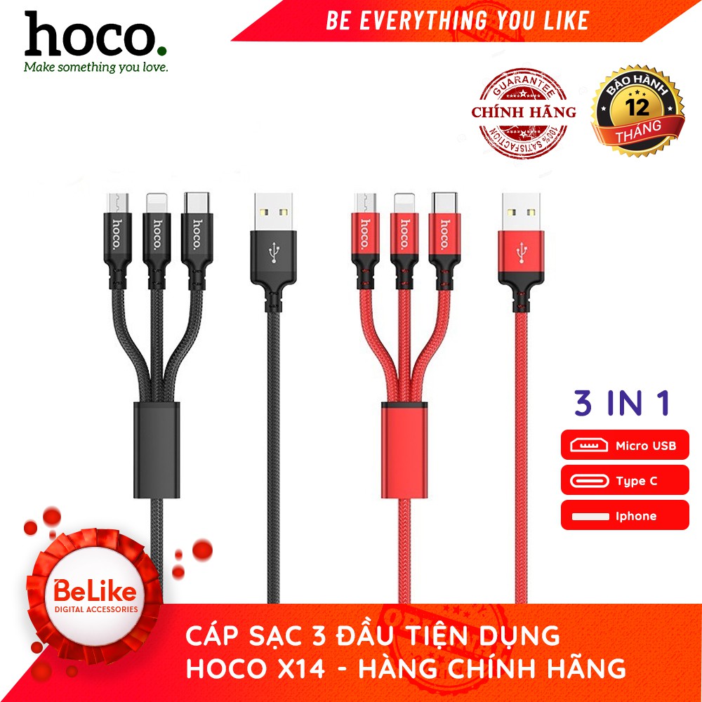 Cáp Sạc 3 Đầu Hoco X14 Lightning/Micro Usb/ Type C - Bh 6 Tháng