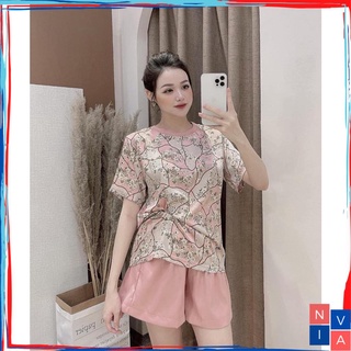 Bộ quần áo nữ mùa hè NIVA Set bộ nữ đi chơi mặc nhà bigsize áo cổ tròn lụa ngắn tay form rộng quần short dễ thương G09