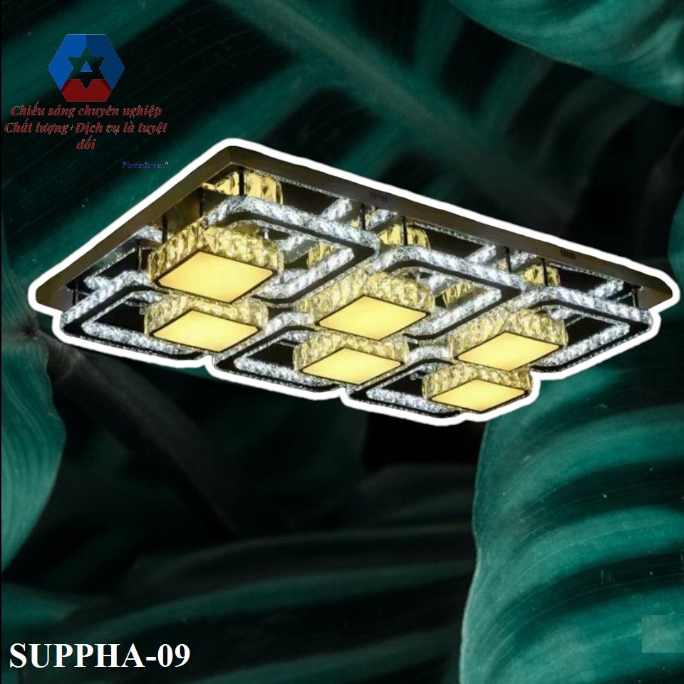 Đèn ốp trần pha lê SuperVilighting mã SUPPHA 01,02,03,09, CS 80W, 3 chế độ, Phi D500, Trang trí shop, quán, BH 24 tháng