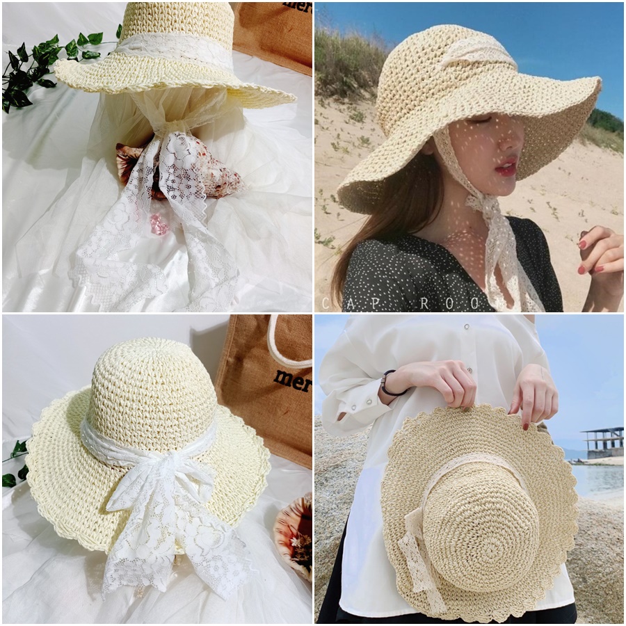 Nón cói,mũ cói nữ mềm nơ ren tiểu thư hàng nhập cao cấp thắt được 2 kiểu_ren trắng 2 kiểu