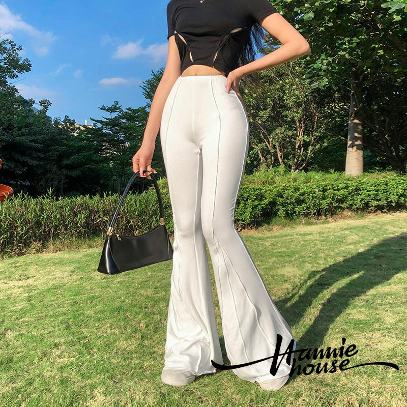 Quần ống loe lưng cao chất liệu co giãn thời trang cho nữ