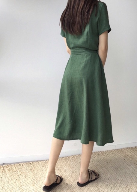 Đầm váy sơ mi xanh rêu thắt eo 2 màu xuongvnxk vnxk