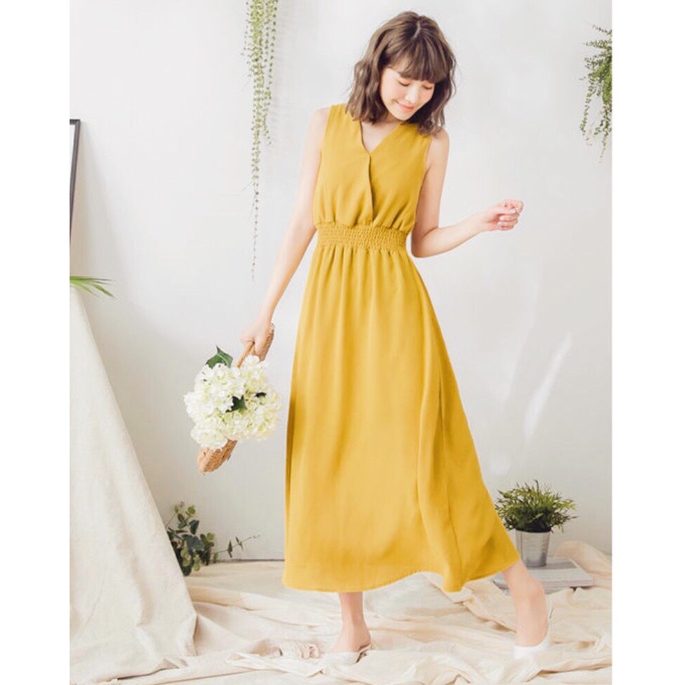 [ẢNH THẬT CUỐI] DM788 - Đầm Maxi Vàng Sát Nách Cổ V Nhún Eo | BigBuy360 - bigbuy360.vn