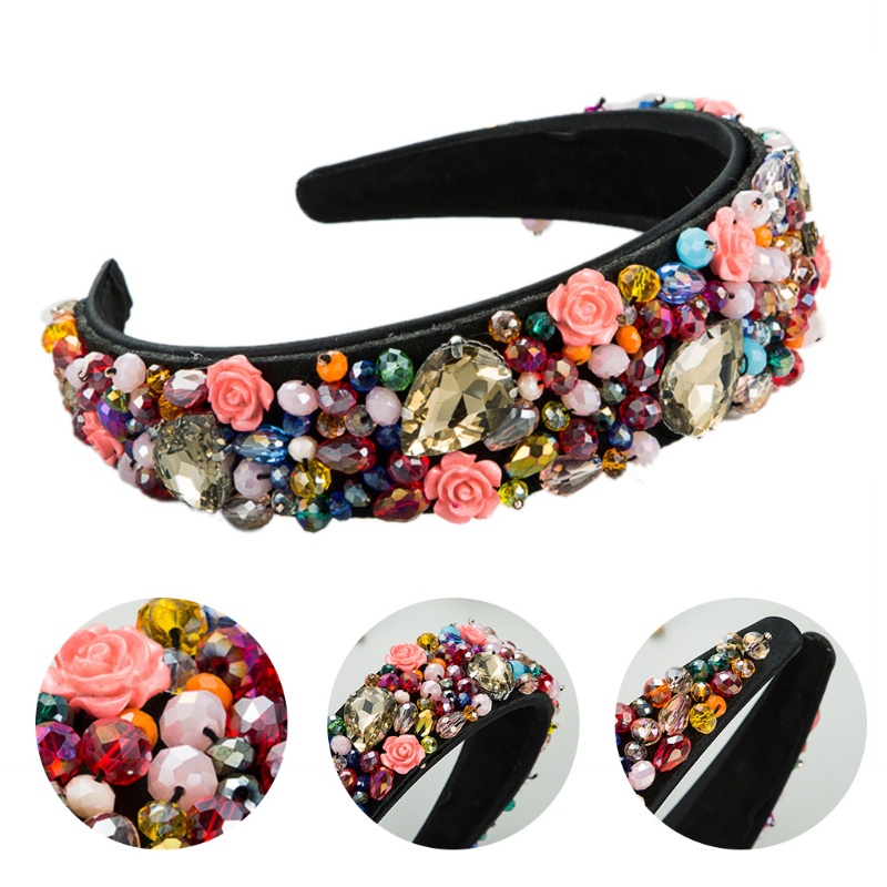 Băng Đô Cài Tóc Bản Rộng Đính Hạt Pha Lê Nhiều Màu Phong Cách Bohemian