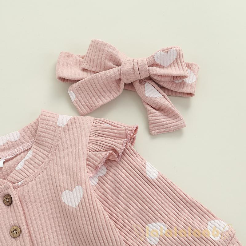 Áo liền quần dài tay cổ tròn in hình trái tim kèm băng đô thắt nơ màu hồng/trắng cho bé gái LAA6