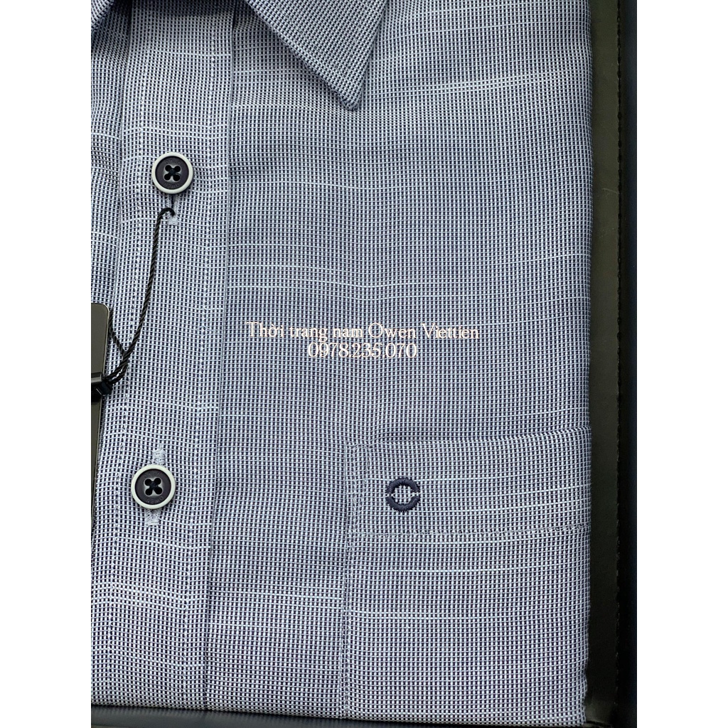 OWEN - Áo sơ mi ngắn tay Dobby xanh trắng sợi Bamboo dáng Regular Fit