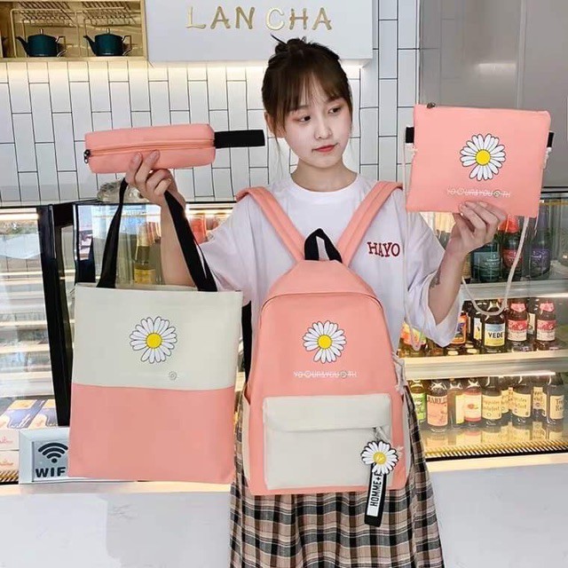 balo đi học 4 món, balo, balo học sinh, balo hoa cúc 4 món, BỘ 4 MÓN BALO TÚI VÍ DỄ THƯƠNG - BALO NỮ