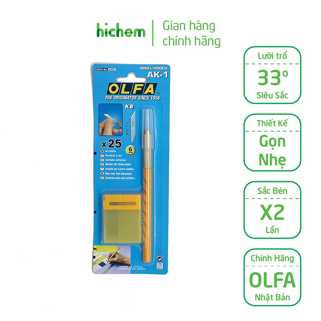 Dao Trổ OLFA AK-1 Cấu Trúc Gọn Nhé, Cán Có Khía, Cắt Chính Xác Tuyệt Đối 25 Lưỡi Đi Kèm