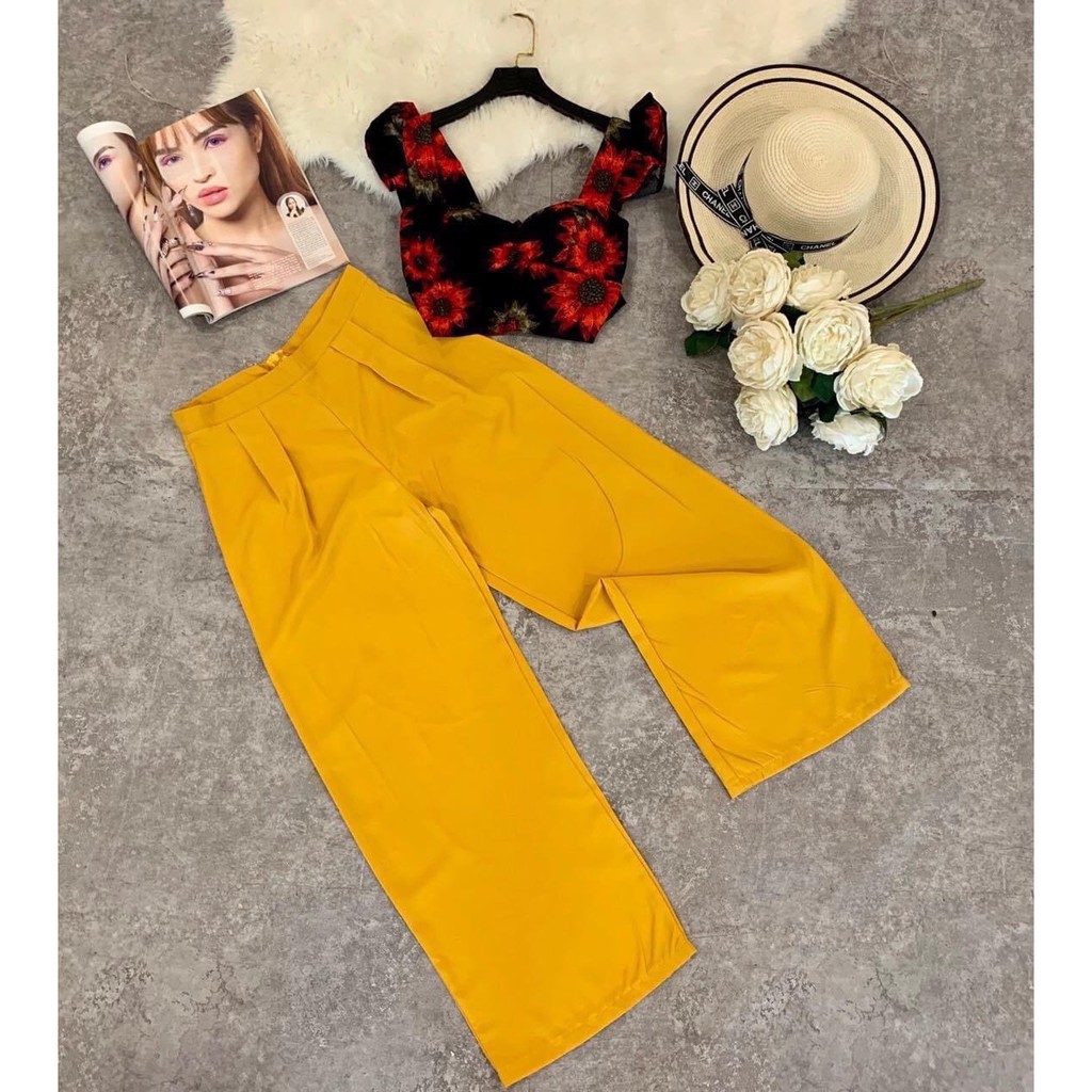 10.10 Sale Set áo crop tay tiên nơ lưng Quần cotton thái lưng cao Form xinh xắn đáng iu Size dưới 54kg vừa nhaaaaa . .