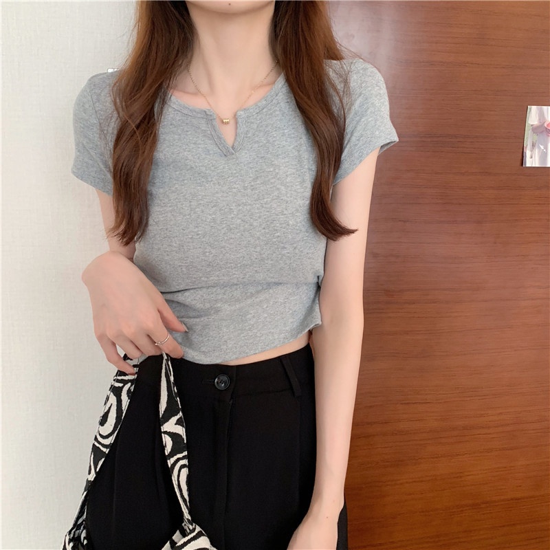WANGJIAOZHAN Áo croptop thun ôm sát tôn dáng tay ngắn cổ chữ V màu trơn thời trang cho nữ