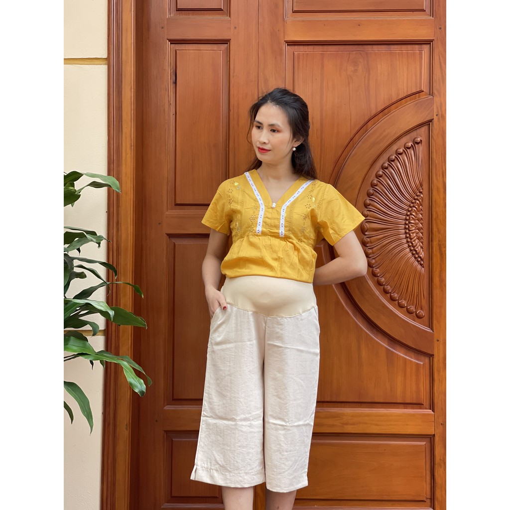 Quần Bầu Đũi LỬNG cạp cao có cúc và chun chỉnh QB7223