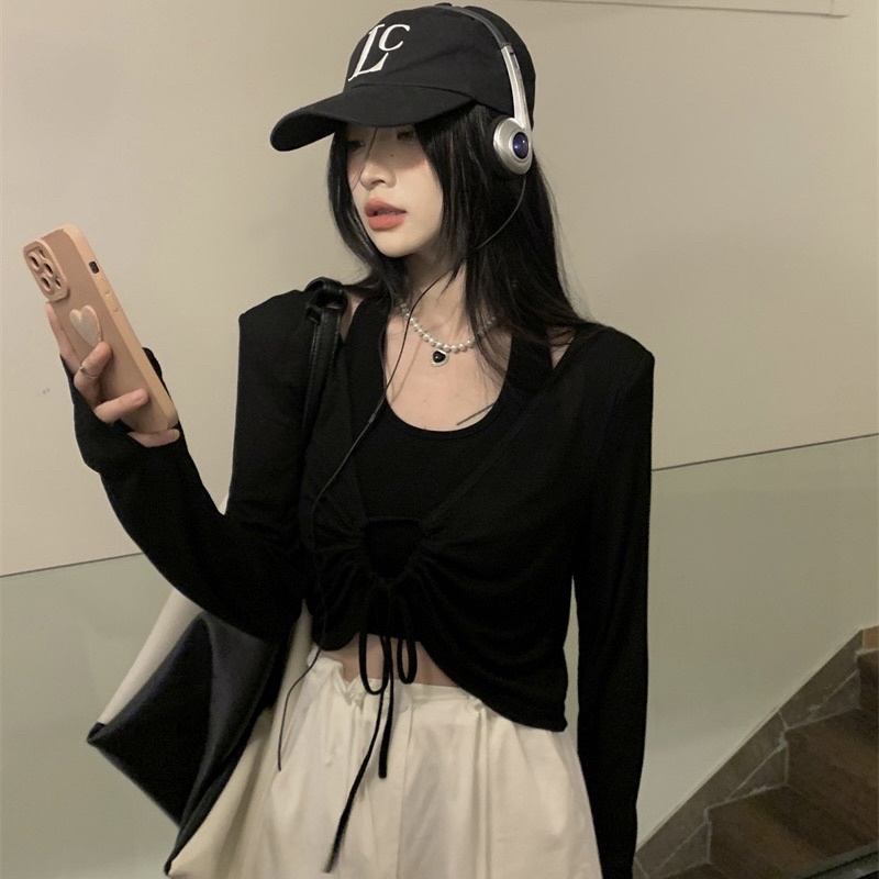 Set Áo Khoác Cardigan Dệt Kim Mix Croptop Dáng Ngắn Tay Dài Dây Rút Quyến Rũ Phù Hợp Thu Đông