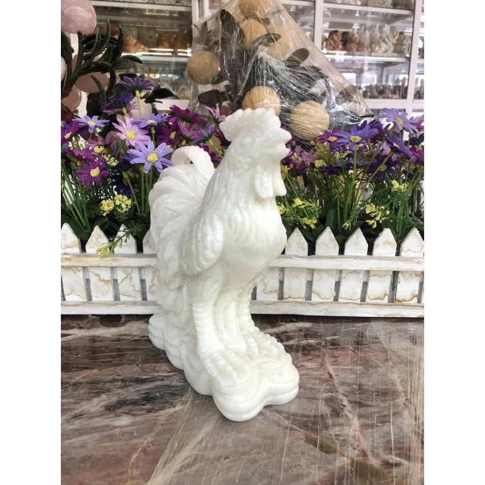 Tượng con gà trống phong thủy đá trắng trang trí bàn làm việc - Cao 15cm và 20cm