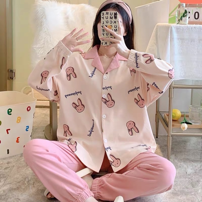 Bộ Ngủ Pijama Dài Tay Thỏ Hồng Xinh Xắn Mặc Nhà Form Rộng | BigBuy360 - bigbuy360.vn