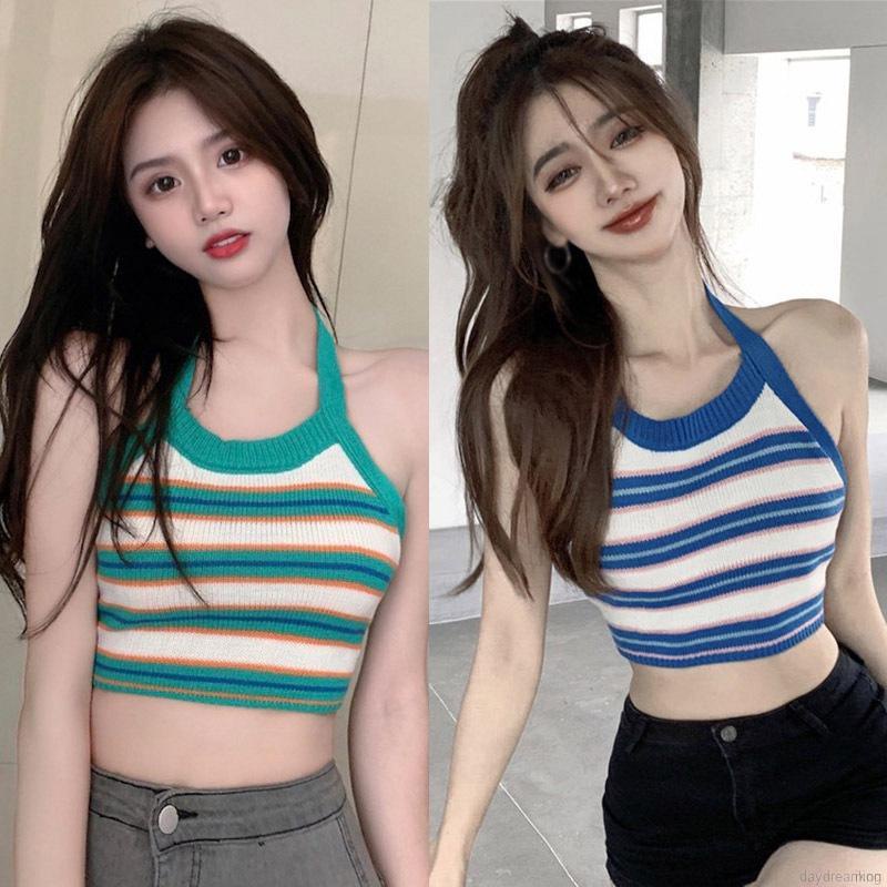 Áo Croptop Áo Tank Top Nữ Dệt Kim Kẻ Sọc Hở Lưng Gợi Cảm Cho Nữ áo Croptop