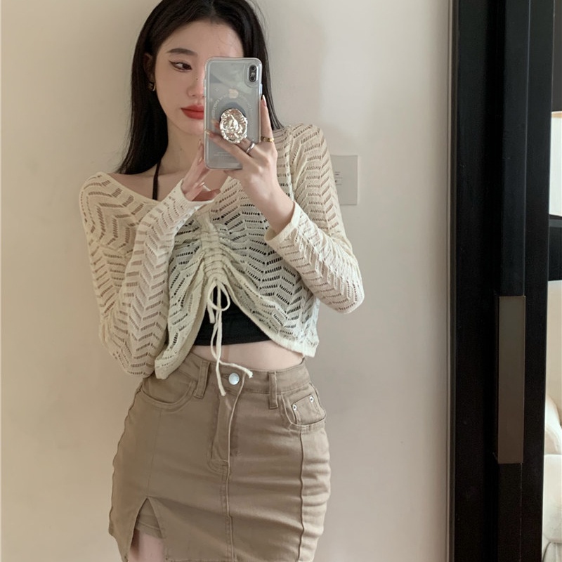 SUXI Áo Dệt Kim Tay Dài Cổ Chữ V Phối Dây Rút Màu Sắc Trơn Phong Cách Hàn Quốc Dành Cho Nữ