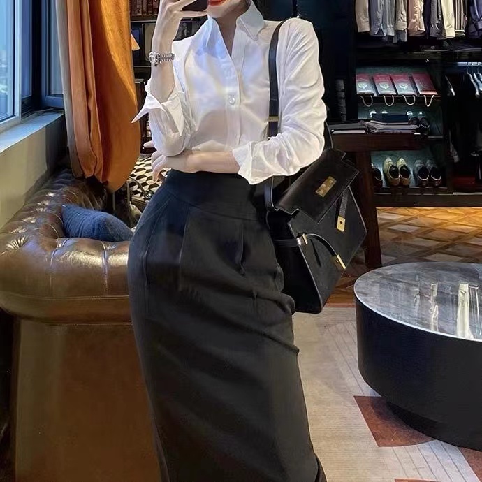 HAPPY HOMLIV Set Áo Sơ Mi Dáng Rộng + Chân Váy Ôm Phong Cách Hepburn Dành Cho Nữ