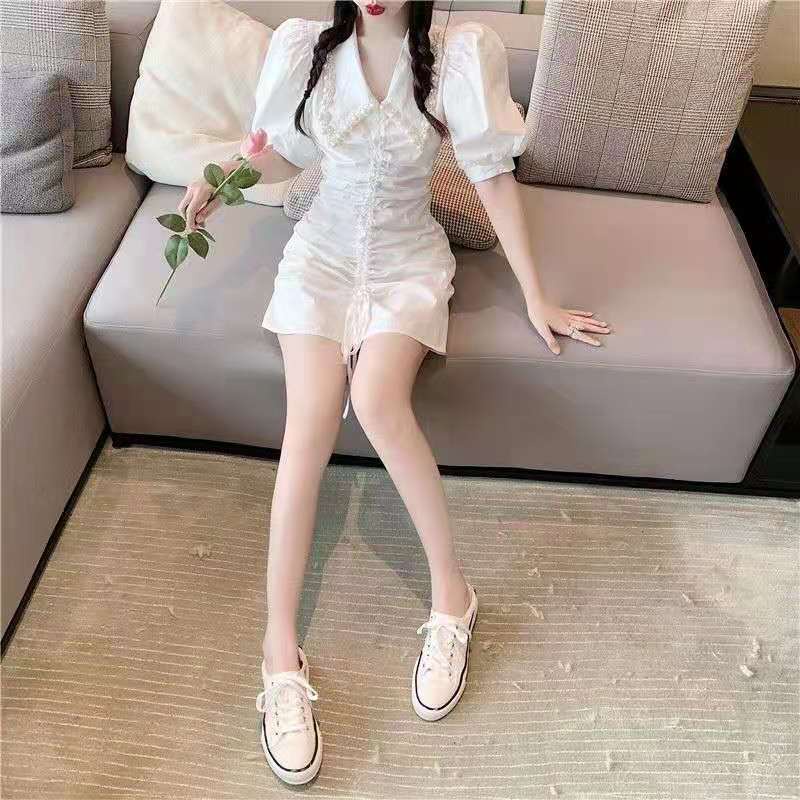 Đầm Tay Phồng Cổ Bẻ Đính Ngọc Trai Phong Cách Pháp Thời Trang Mùa Hè Cho Nữ