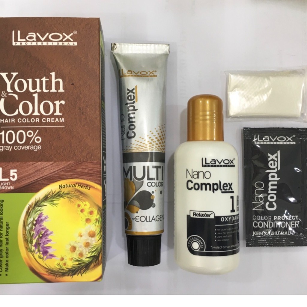 Nhuộm Phủ Bạc Lavox Youth &amp; Color Hair Color Cream 60ml x 2 .#L5 Light Brown Nâu Sáng