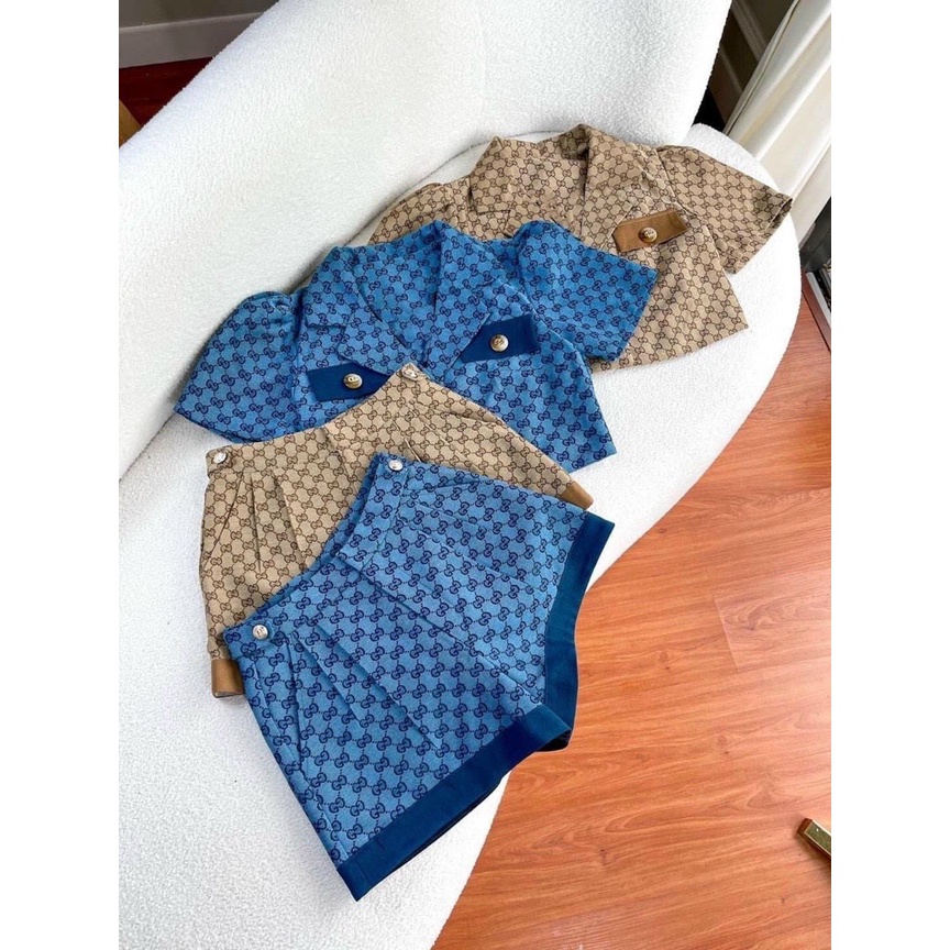 Set Bộ Áo Dạng Vest Crotop & Quần Đùi Đính Cúc Chất Vải For Họa Tiết 2 Màu