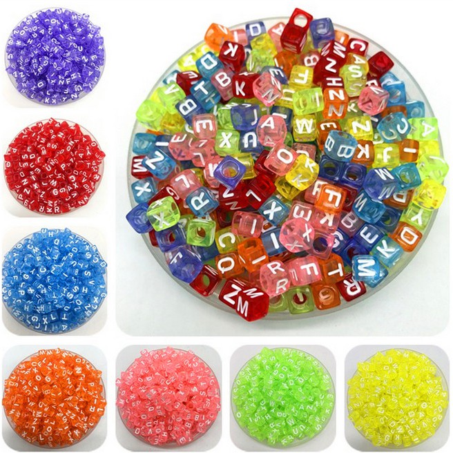 Set 100 hạt vuông 6mm 26 chữ cái nhiều màu sắc dùng để làm đồ trang sức thủ công