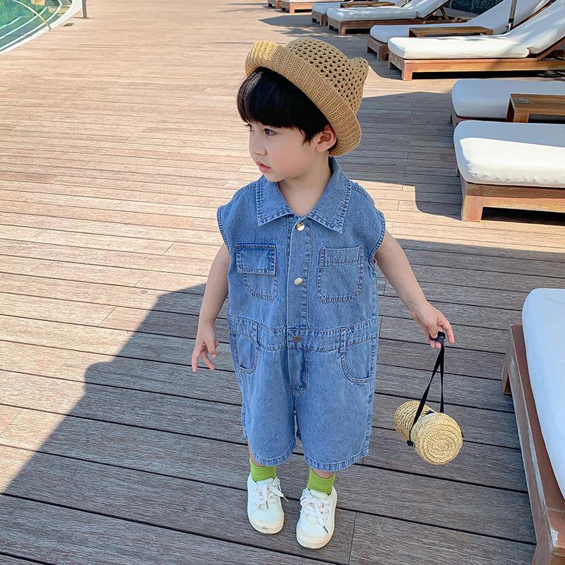 Bộ Áo Liền Quần Bằng Cotton Denim Tay Ngắn Thoải Mái Thời Trang Mùa Hè Cho Bé Trai