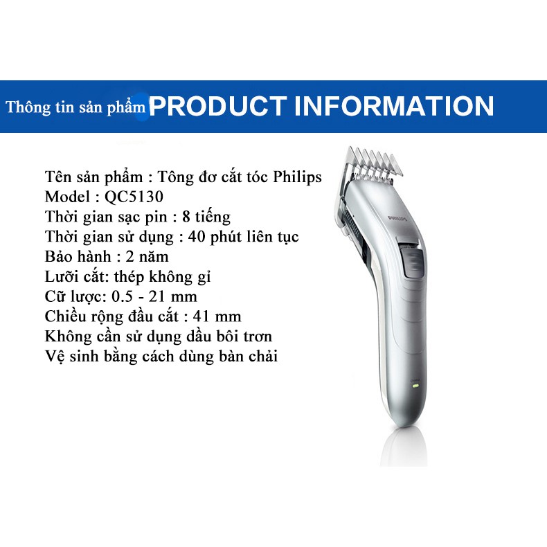 Tông đơ cắt tóc Philips QC5130 lưỡi bằng thép không gỉ chế độ tự mài, dùng cho cả trẻ em và người lớn