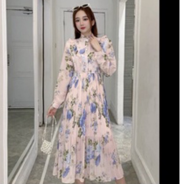 #1848   Đầm siêu cổ tích cổ đứng bèo nhún xếp ly voan hoa trang nhã khí chất váy dài xòe rộng 6 màu