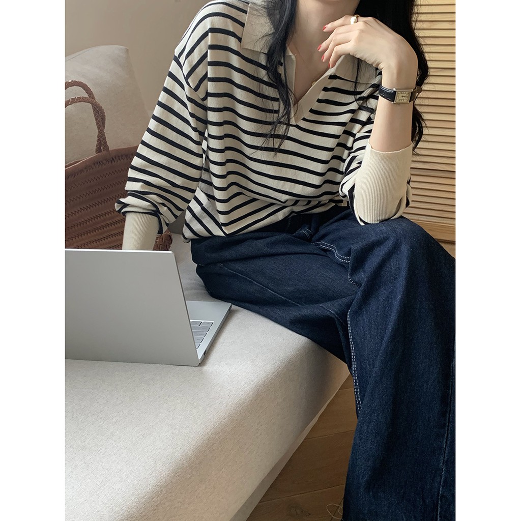 Áo Dệt Kim Tay Dài Cổ Polo Họa Tiết Kẻ Sọc Màu Sắc Thời Trang Cho Nữ