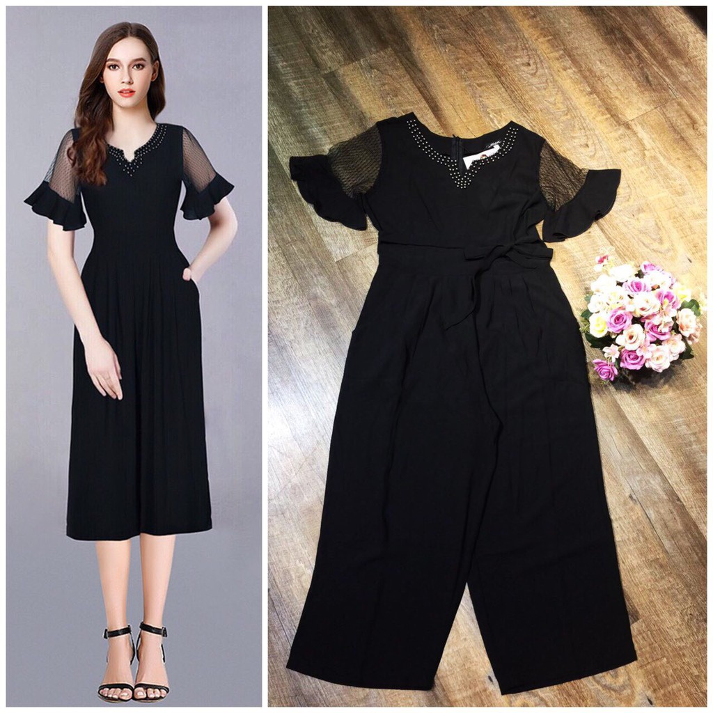 Jumpsuit Lửng🌸FREESHIP🌸 Jumsuit lửng ống suông tay loe phối ren lưới cổ đính hột TJ1002