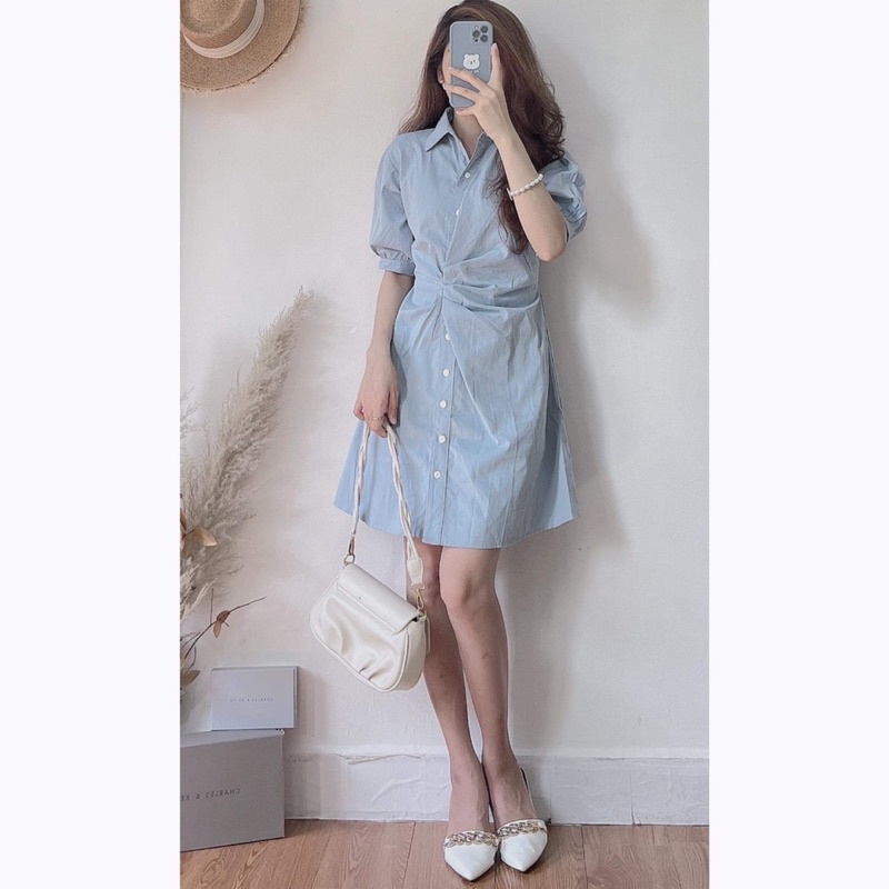 Đầm sơ mi nhúm eo sang chảnh Váy thanh lịch nhẹ nhàng kiểu dáng Hàn Quốc