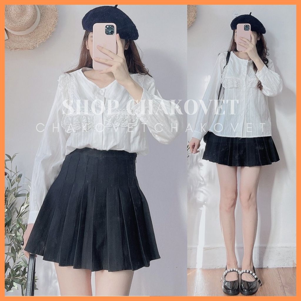 Áo sơ mi nữ dài tay màu trắng A875, kiểu áo nữ cổ tròn thiết kế 2 lớp ren ngực phong cách retro hàn quốc freesize &lt;53kg