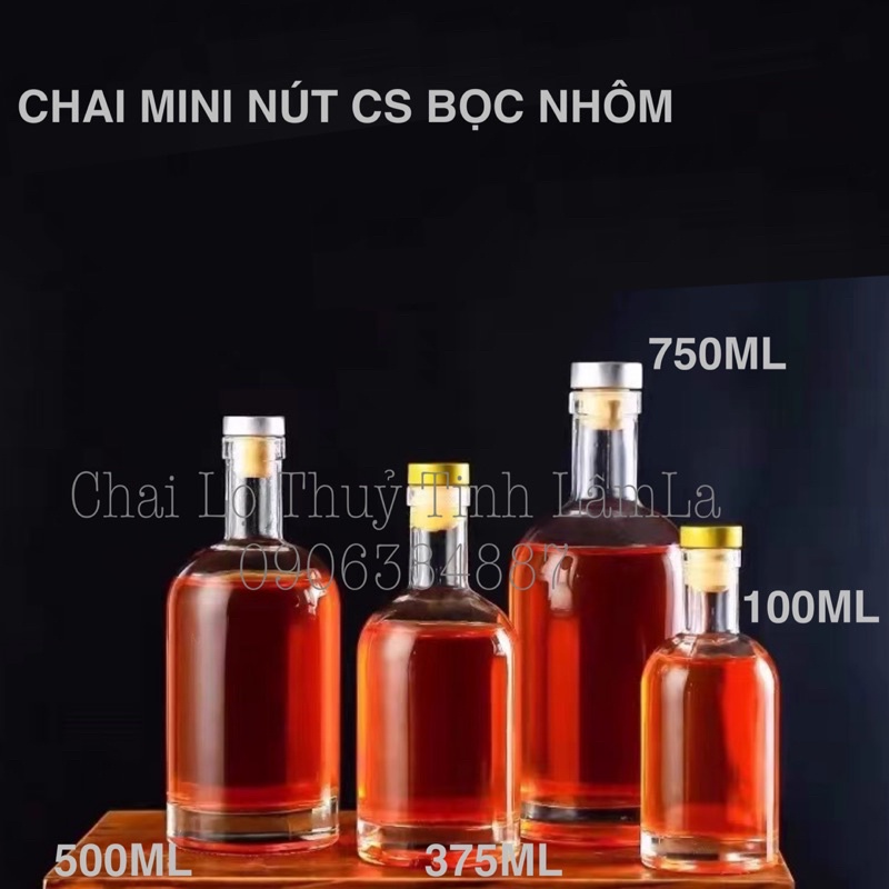 Chai Thuỷ Tinh MiNi Cao Cấp Nút Cao Su Bọc Nhôm Vàng 375ML 500ML 750ML 1000ML