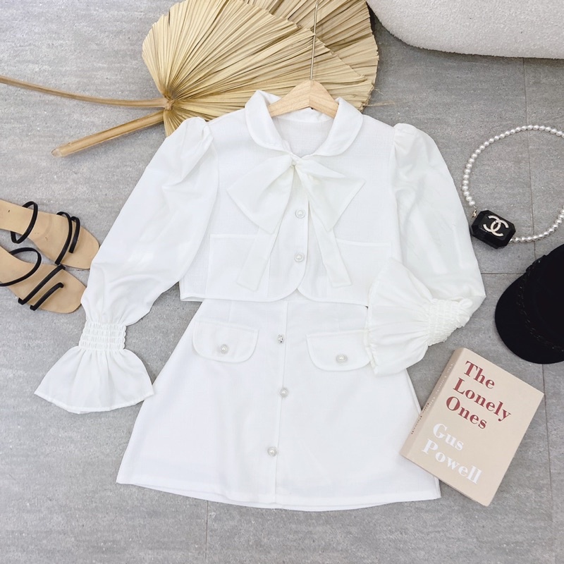 SET ÁO CROPTOP DẠ TRẮNG TAY VOAN KHÚC + CHÂN VÁY DÂY KÉO LÓT QUẦN MS98