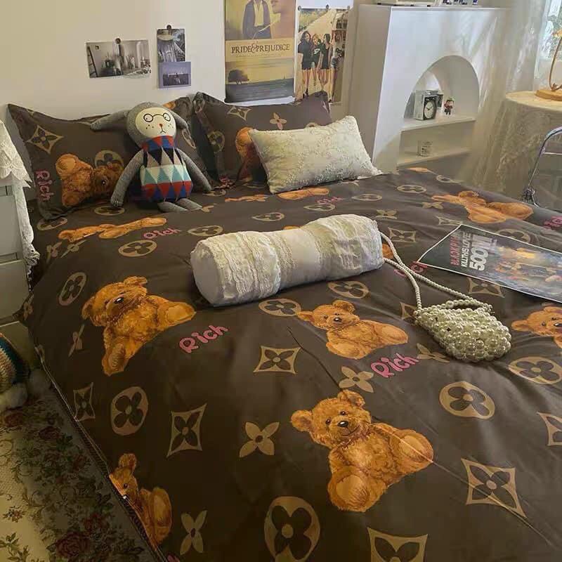 Bộ chăn ga gối cotton poly Hàn Quốc, bộ ga gối cotton 4 món vỏ chăn có khoá kéo lồng được ruột