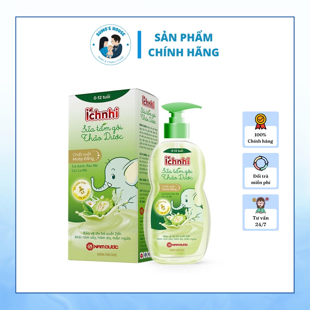 Sữa Tắm Gội Thảo Dược Ích Nhi Cho Bé Chai 200ml Phòng Cảm Lạnh, Ngừa Rôm Sẩy, Mẩn Ngứa