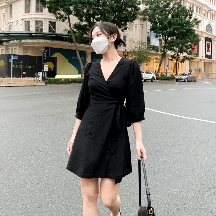 Đầm SANSHA - Đầm đắp chéo tay lửng trơn