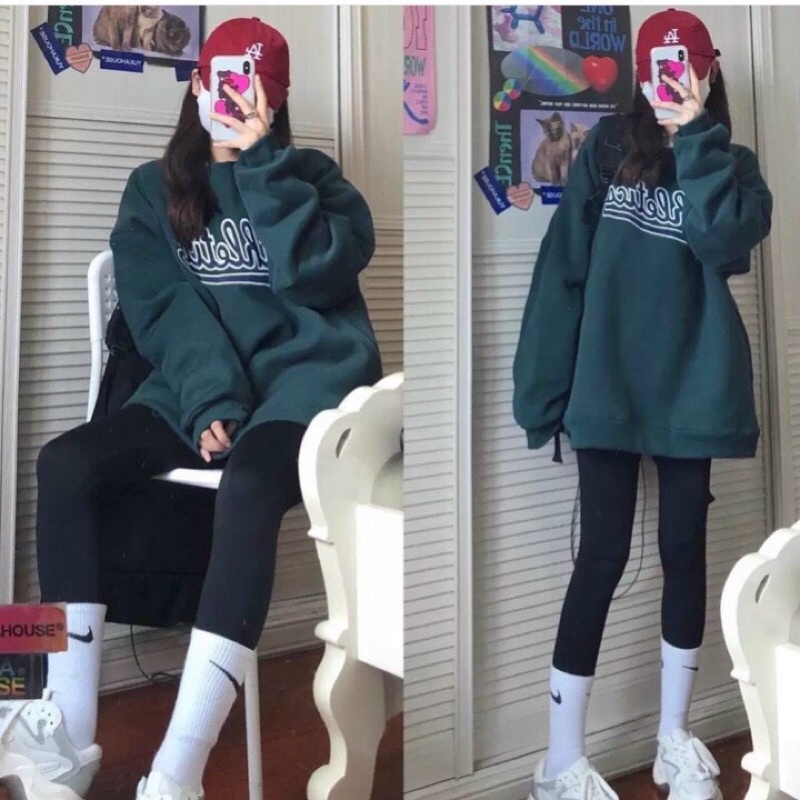 Áo sweater nỉ cổ tròn dài tay chất đẹp màu xanh lục đậm athletics