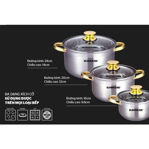 Bộ NỒI INOX 5 ĐÁY CAO CẤP SUNHOUSE SH781 hàng chính hãng