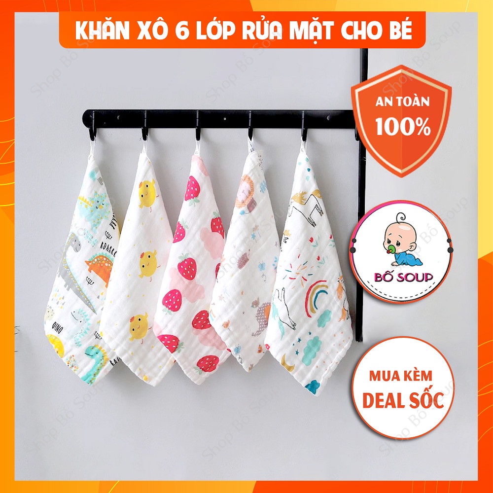 Khăn xô nhăn 6 lớp 100% cotton siêu mềm, khăn rửa mặt cho bé