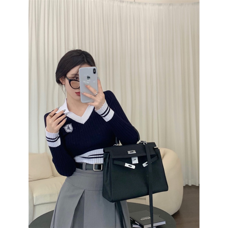 HUANG YOYO Áo sweater Dệt Kim Tay Dài Cổ Chữ v Thời Trang Mùa Thu Phong Cách Hàn Quốc Dành Cho Nữ croptop
