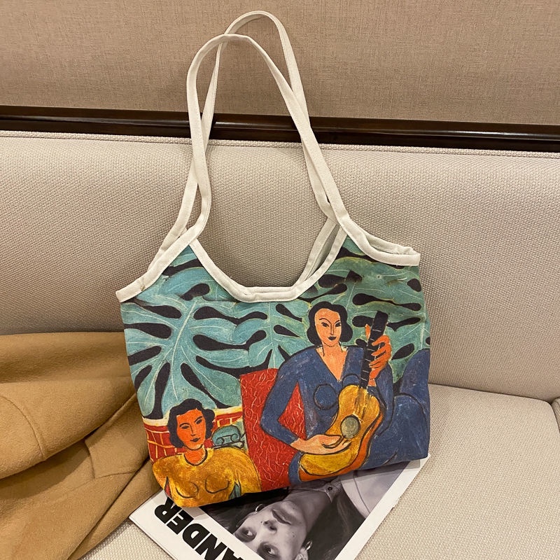 Túi Xách Canvas Sức Chứa Lớn Họa Tiết Tranh Sơn Dầu Thủ Công Thời Trang Cho Nữ