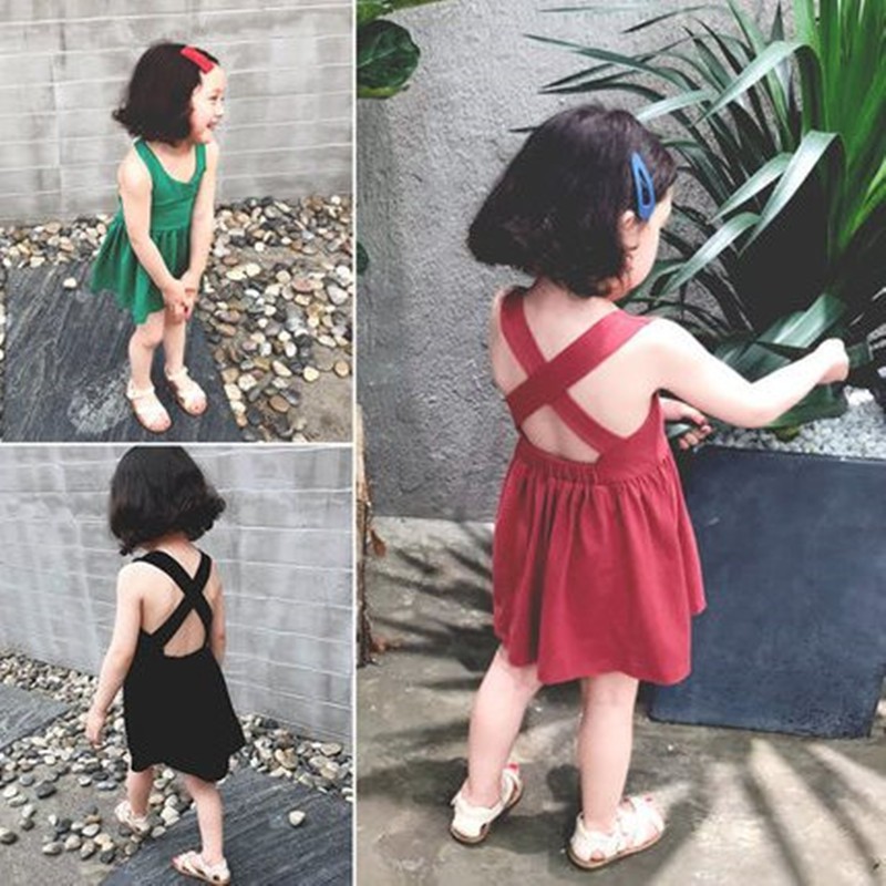 Đầm cotton không tay hở lưng dễ thương cho bé gái