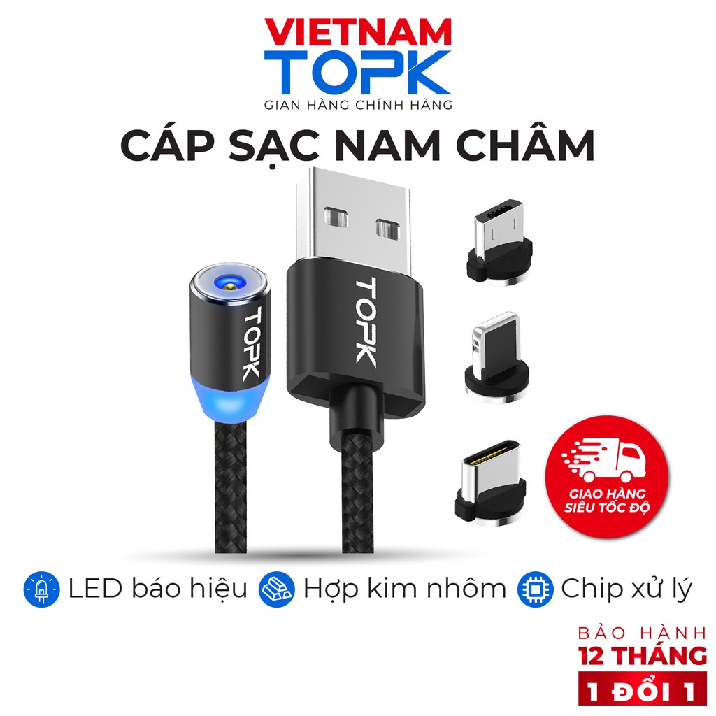 Dây sạc nam châm iPhone Type-C Micro USB TOPK AM23 - Vỏ bện nylon dài 1m - Đèn LED - Hàng chính hãng Bảo hành 12 tháng 1