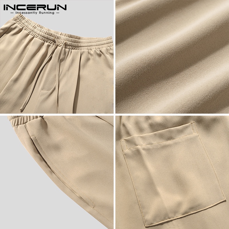 Quần dài INCERUN thắt lưng co giãn dây rút màu trơn thời trang đơn giản cho nam