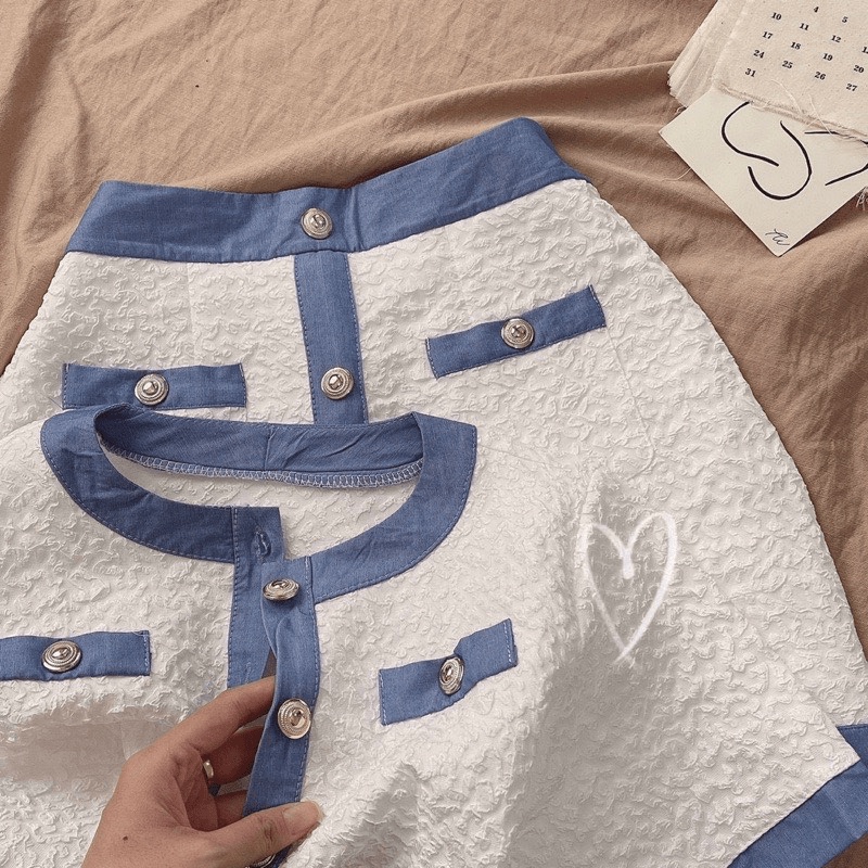 SET XỐP VIỀN XANH NÚT ÁO CROPTOP + CHÂN VÁY CÓ LÓT tnm shop 2022