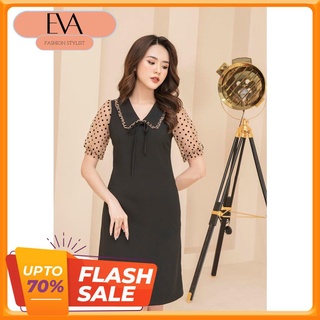 Váy, Đầm chữ A cổ đức phối tay voan chấm bi Ealover