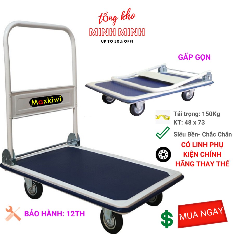 [FreeShip - Clip thật] Xe Kéo Hàng, Xe Đẩy Hàng 4 Bánh Maxkiwi- Sàn Thép, Tay Đẩy Gập Gọn