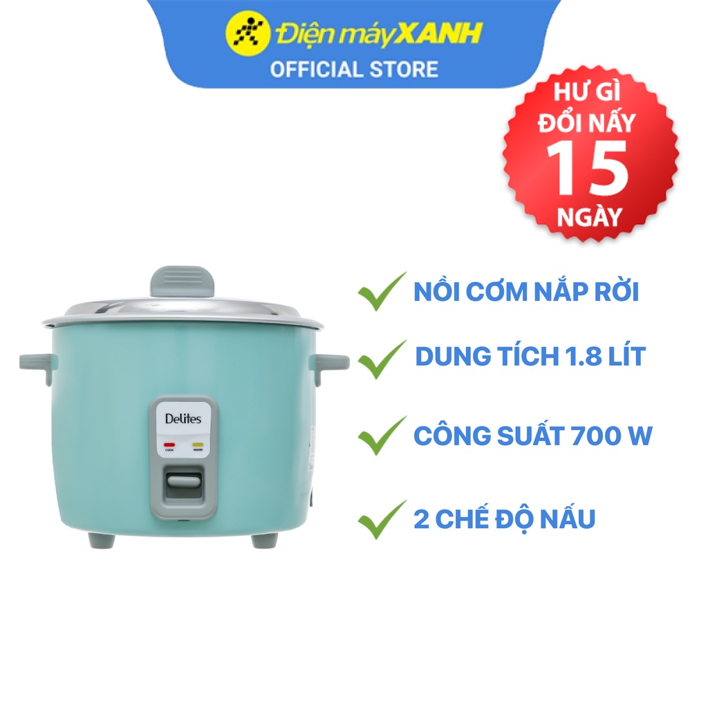 Nồi cơm điện nắp rời Delites NCR1802 1.8 lít 700 W giữ ấm - Chính hãng BH 18 tháng - Sản xuất tại Việt Nam